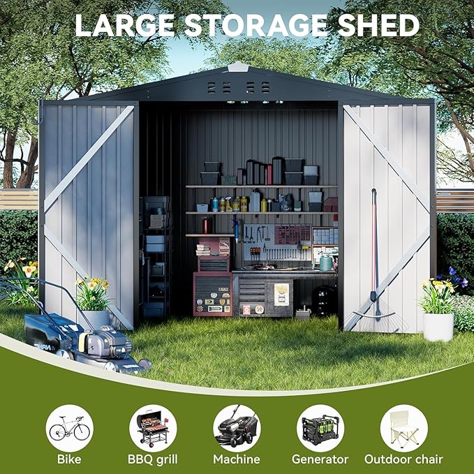 COMHOMA Shed Outdoor Storage Shed Metal,Lockable Doors Tool Sheds with Sloping Roof,Steel Garden Shed with Air Vent for Backyard,Patio,Lawn,Poolside(Grey,8'x6')