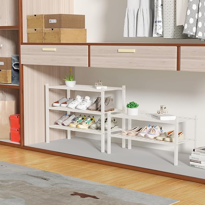 2 Tier Bamboo Shoe Rack for Closet Free Standing Wood Shoe Shelf for Entryway Small Space Stackable 27"x11"x13" (White)