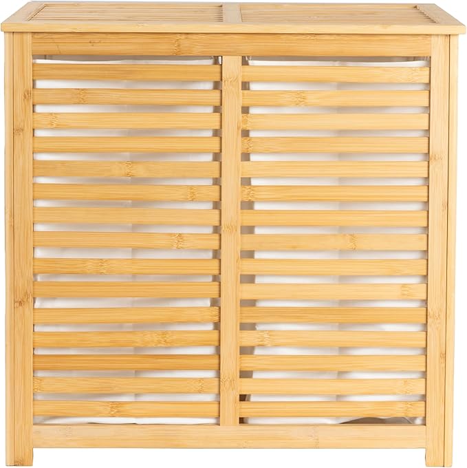 Household Essentials Bamboo and Cotton Double Laundry Sorter with Lid and Removable Cotton Bags, Natural