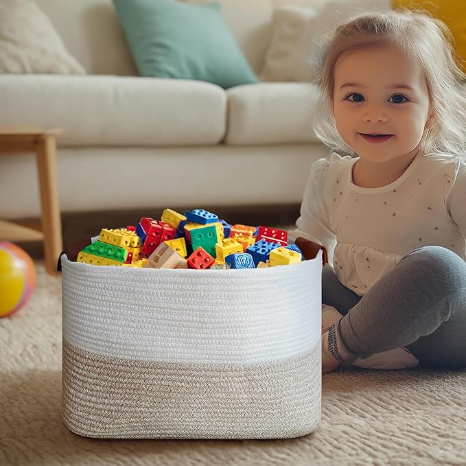 Small Cotton Rope Storage Basket with Leather Handles, 15 "L x 11.5" W x 7.5 "H, Home Decor Basket, Durable & Stylish Organizer for Home.(Small Light Khaki)