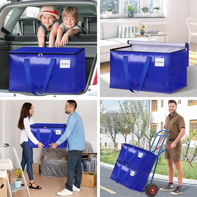 Moving Bags, Storage Bags with Sturdy Handles and Heavy Duty Zippers, Storage Totes for Space Saving, Moving & Storage, Collapsible Moving Supplies(100L, 8-Pack, Blue)
