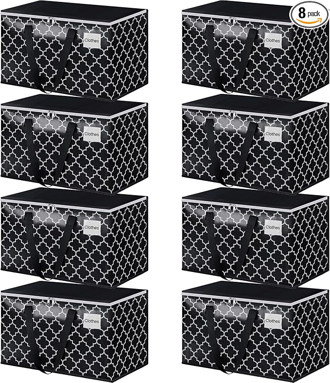 HomeHacks Heavy Duty Moving Bags with Tag Pockets, Collapsible Storage Totes for Moving, Camping & Travel -Foldable Packing Boxes, Zipper Handles, Black（8 Packs, 100L）