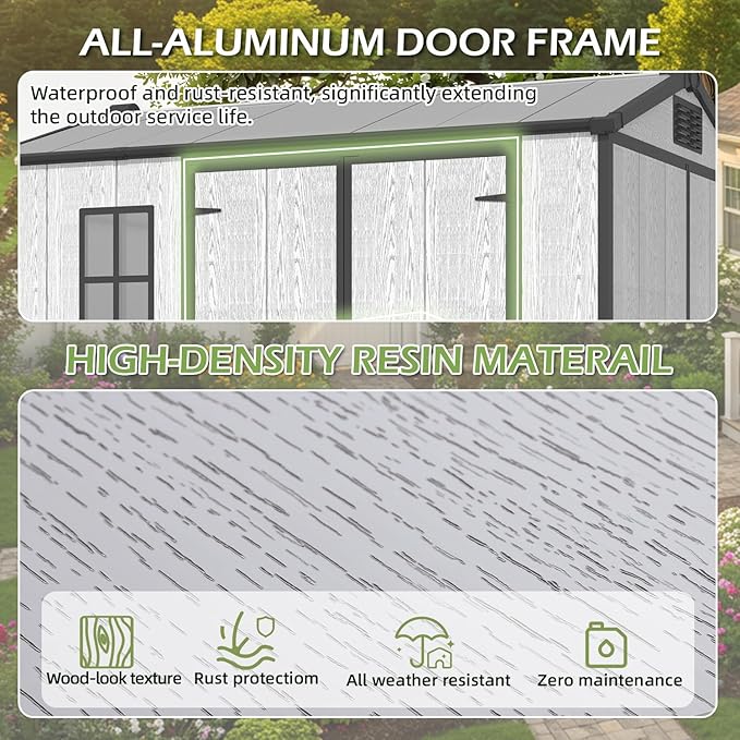 6 x 8 FT Resin Outdoor Storage Shed, All-Weather Plastic Garden Shed with Floor, Lockable Doors & Windows, Plastic Tool Shed for Poolside, Patio, Backyard