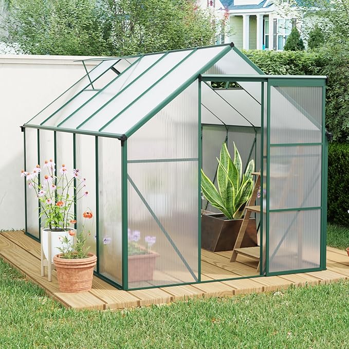 6X10FT Greenhouse for Outdoor, Polycarbonate Greenhouse with Raised Base and Anchor, Heavy-Duty Walk-in Green House with Adjustable Roof Vent and Gutter System for Patio,Backyard (Green, 6X10FT)