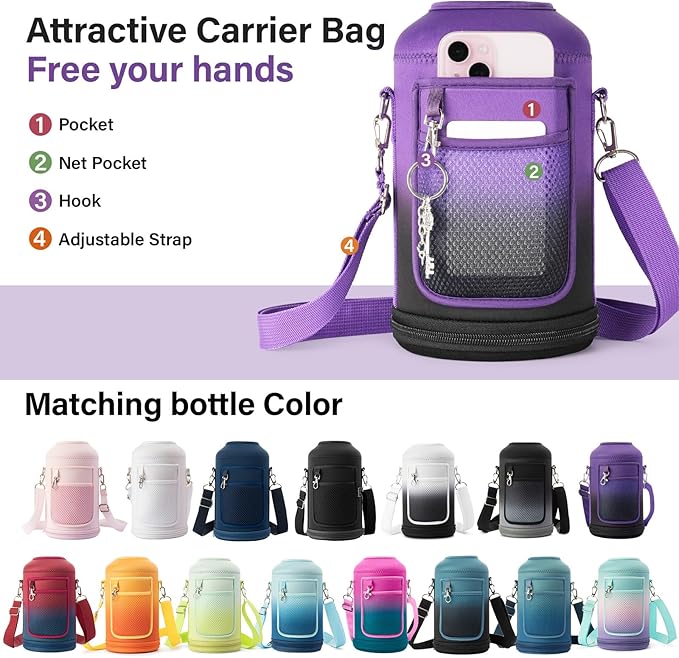 Insulated Water Bottle | Thickened Stainless Steel Vacuum Metal | Portable Sports Half Gallon Large Water Jug for Gym and Hiking with Straw, Carrier Bag, Handle Strap | BPA-Free 64 oz