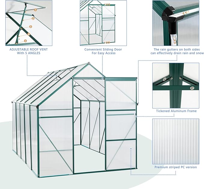 6X10FT Greenhouse for Outdoor, Polycarbonate Greenhouse with Raised Base and Anchor, Heavy-Duty Walk-in Green House with Adjustable Roof Vent and Gutter System for Patio,Backyard (Green, 6X10FT)