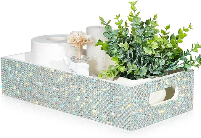 Honeydak Bling Rhinestone Bathroom Basket with Handle 13" x 6" x 3" Toilet Tank Tray, Crushed Diamond Bathroom Decor Accessories, Back of Toilet Storage Organizer, Sparkly Gifts for Women(White)