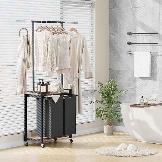 2 Section Rolling Laundry Cart with Hanging Rack & Utility Shelf, Laundry Sorter Hamper with Lockable Wheels, Removable Bags, Bedroom, Laundry Room, Bathroom Organizer