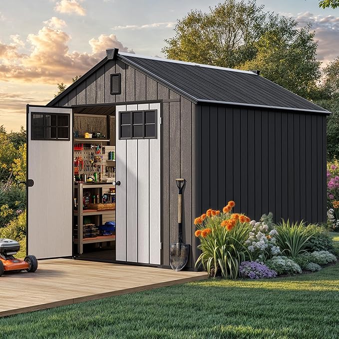 YITAHOME 8x10 FT Outdoor Storage Shed with Floor, Extra Thick Plastic Garden Shed for Bikes, Tools and Pool Supplies, Outdoor Resin Shed with Door Window Insert, Vents for Patio, Backyard, Black
