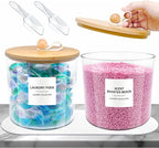 2 Pack Laundry Pods Container,Laundry Room Organization and Storage Jars,Laundry Detergent Container for Powder,Pods,Scent Booster,with Non-Slip PU Leather Pad and Handle,Bamboo Lids,Labels and Scoops