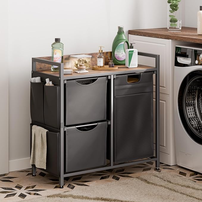 Laundry Sorter with 3 Sections, Laundry Hamper with Wheels, Laundry Basket with Small Side Pockets and Pull-Out Removable Liners,for Laundry Room Bedroom Bathroom (100L)