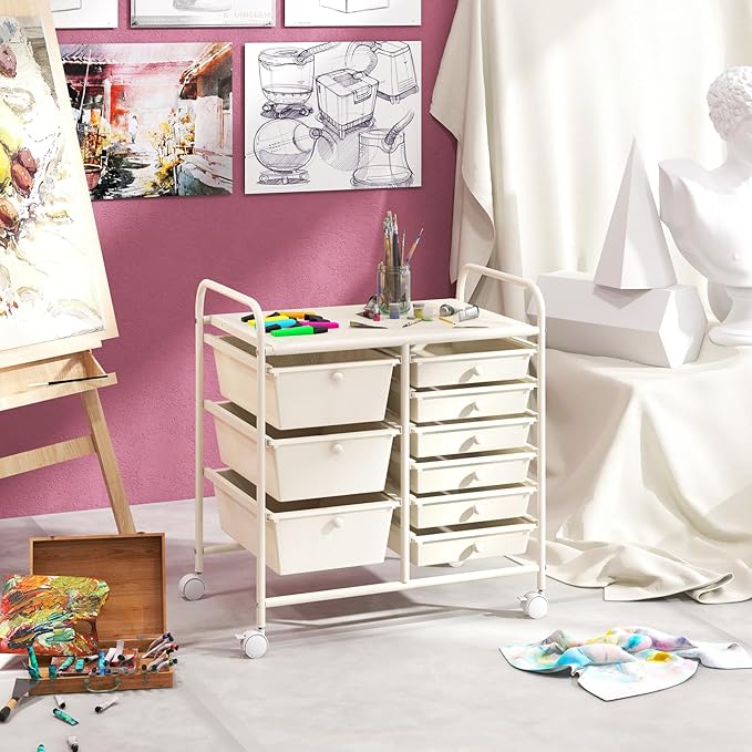 RELAX4LIFE 9 Drawer Rolling Storage Cart - Mobile Drawer Carts for Craft Art Supply Paper Salon, Utility Cart on Wheels for Classroom Teacher School Office, Rolling Cart with Drawers (Ivory White)