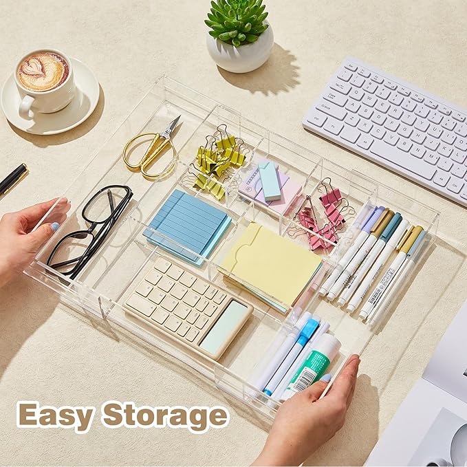 2 Pcs Acrylic Desk Drawer Organizer Maximum 12 x 18 x 2.1 Inch Expandable Drawer Organizer Trays with 8 Adjustable Compartments Desk Accessories for Makeup Silverware Office Bathroom