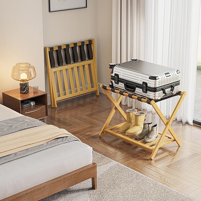 Bamboo Luggage Rack for Guest Room, Wide Suitcase Stand with Storage Shelf, Folding Luggage Stand Holder for Bedroom Hotel, 26.77" Thickened Luggage Rack for Suitcases, Natural