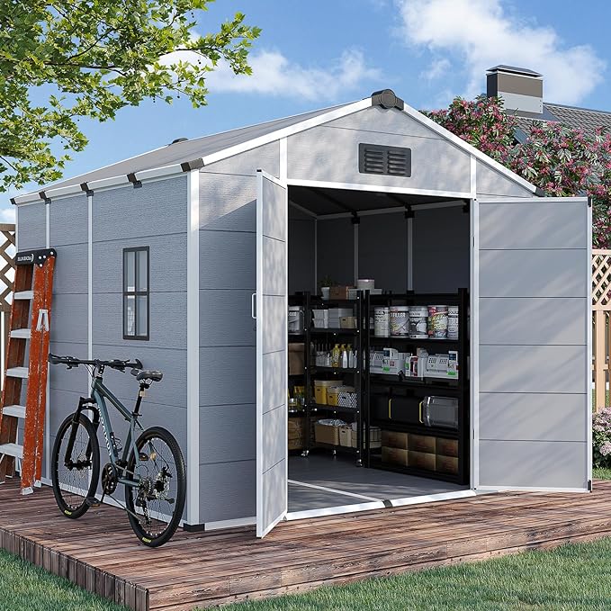 8 x 8 FT Plastic Garden Shed, Resin Outdoor Storage Shed with Floor, Lockable Doors & Windows, Plastic Tool Shed for Poolside, Backyard, Patio