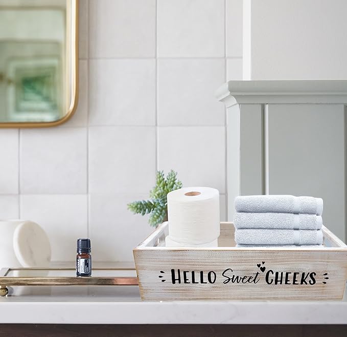 Admired By Nature Distressed Decorative Home Décor Nesting Organizer Wooden Rectangle Gift Wood Crates, Rustic White Storage Container for Bathrooms 'Nice Butt Hello Sweet Cheeks' Phrase