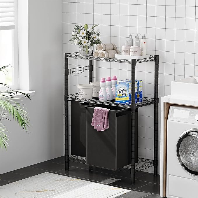GAOMON Laundry Hamper, Laundry Sorter with 2 Pull-Out & Removable Bag,Laundry Basket Organizer with 2 Tier Adjustable Storage Shelf for Laundry Room,Bathroom,Dorm Organization