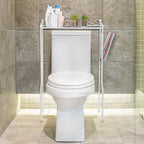 MyGift Over The Toilet Standing Shelf Storage with Magazine Basket, Freestanding Bathroom Space Saver Organizer Rack, White Metal Vintage Scrollwork Accents