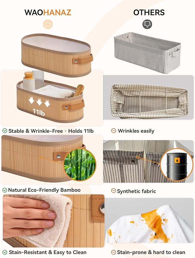 Toilet Paper Storage Basket Bathroom Counter Organizer Bamboo Baskets for Organizing, with Lid & Handels-Decorative Storage Set, 4-Pack
