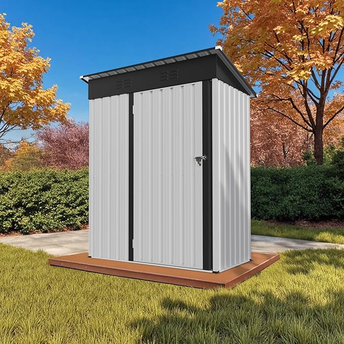 5' x 3' Outdoor Storage Shed, Sturdy Metal Building w/Floor and Lockable Doors for Garden, Backyard, Poolside and Lawn, White