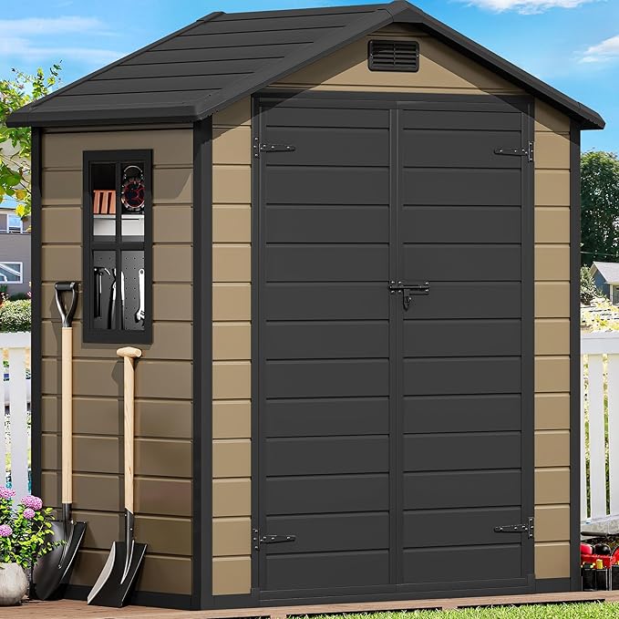 DWVO 6x4 FT Resin Storage Shed with Floor, Outdoor Storage Shed with Lockable Door, Window and Vents, Waterproof Plastic Tool Storage for Garden, Backyard, Patio, Lawn