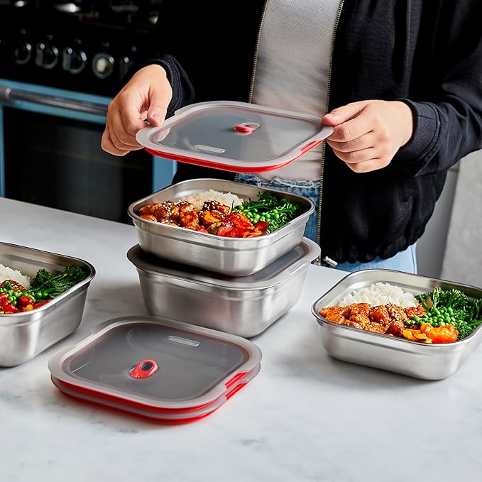 BLACK + BLUM Lunch Box - Meal Prep Containers Reusable for Picnic & Camping - Microwavable Stainless Steel Lunch Dinner Food Storage Box with Leak Proof Lid - Dishwasher Oven Safe - Large Square 37oz