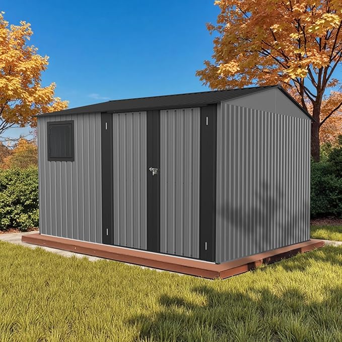 10' x 10' XL Outdoor Storage Shed, Sturdy Metal Building w/Floor and Operable Window for Garden, Backyard, Poolside and Lawn, Grey
