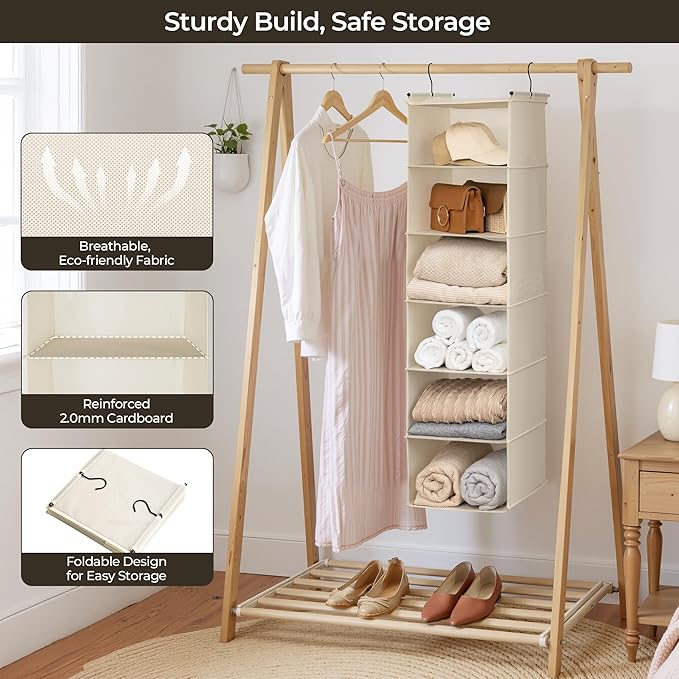 GRANNY SAYS 6 Shelf Hanging Closet Organizers and Storage, Collapsible Closet Hanging Organizer with 2 Sturdy Hooks, Large Hanging Shelves for Closet, College Dorm, Locker, Beige