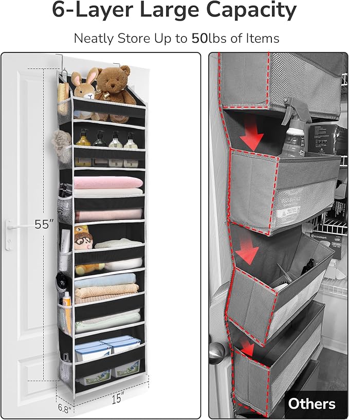 ULG 2Pack-Over The Door Organizer with 6 Large Pockets 12 Side Pockets Door Hanging Organizer Black Door Hanging