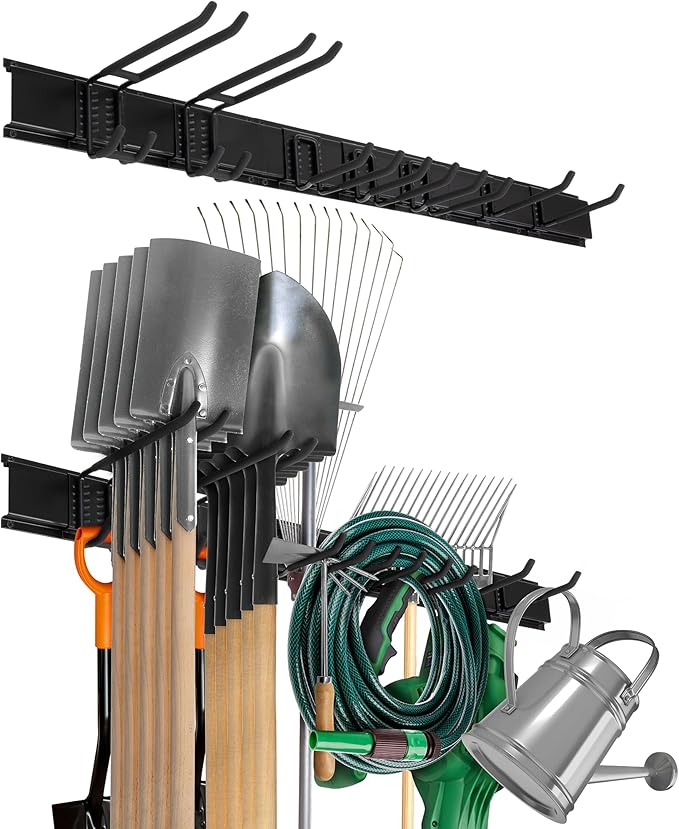 Precision Defined Garage Tool Organizer Wall Mount 48 inches, 330 lbs Capacity, Garden Tool Organizer, Garage Storage Rack, Shed Organizer, Garage Organizer with Adjustable Hooks, Shovel, Rake Holder