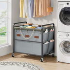 Tajsoon 350L Extra Large Laundry Cart 6 Section, Heavy Duty Laundry Sorter with Lockable Wheels, Laundry Basket with Sturdy Metal Frame, Leather Patchwork Laundry Separated with Removable Bags, Grey
