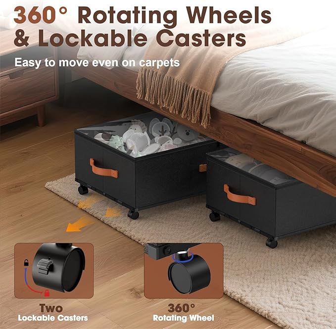 Under Bed Storage Containers with Wheels, 9.5 inches Higher Underbed Shoes Blankets Clothes Toy Storage Drawers for College Dorms Bedrooms Nursery Rooms Organization, 2 Pack to be Assembled