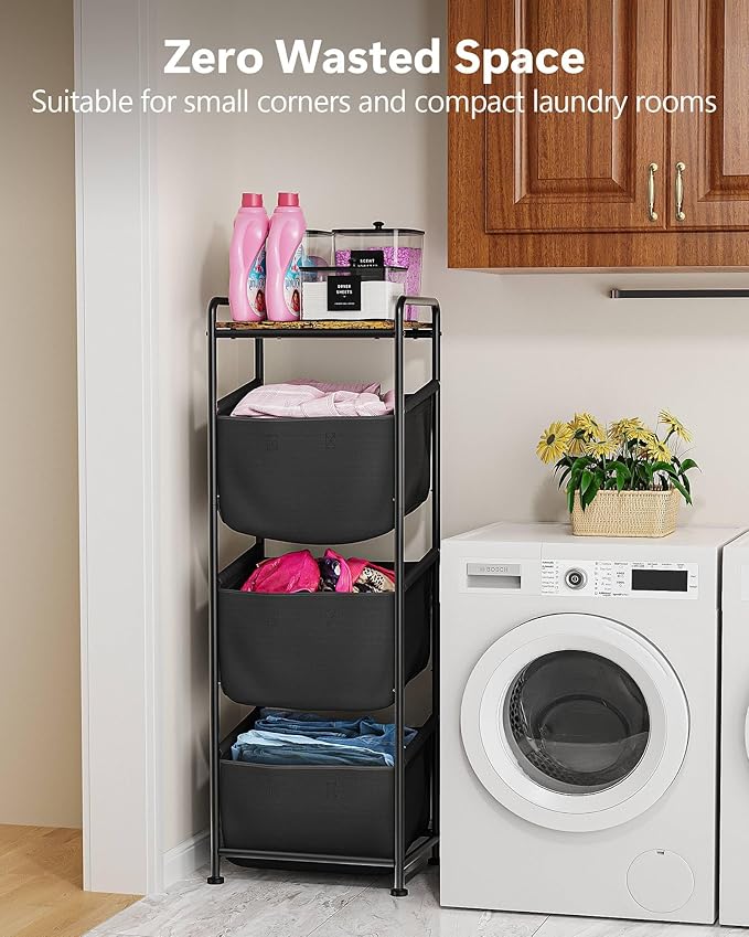 3 Section Laundry Sorter with Removable Bags, 120L Vertical Laundry Hamper with Shelf, Stackable Laundry Baskets organizer for Bathroom, Apartment, Dorm (Black, With Shelf)