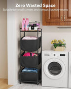 3 Section Laundry Sorter with Removable Bags, 120L Vertical Laundry Hamper with Shelf, Stackable Laundry Baskets organizer for Bathroom, Apartment, Dorm (Black, With Shelf)
