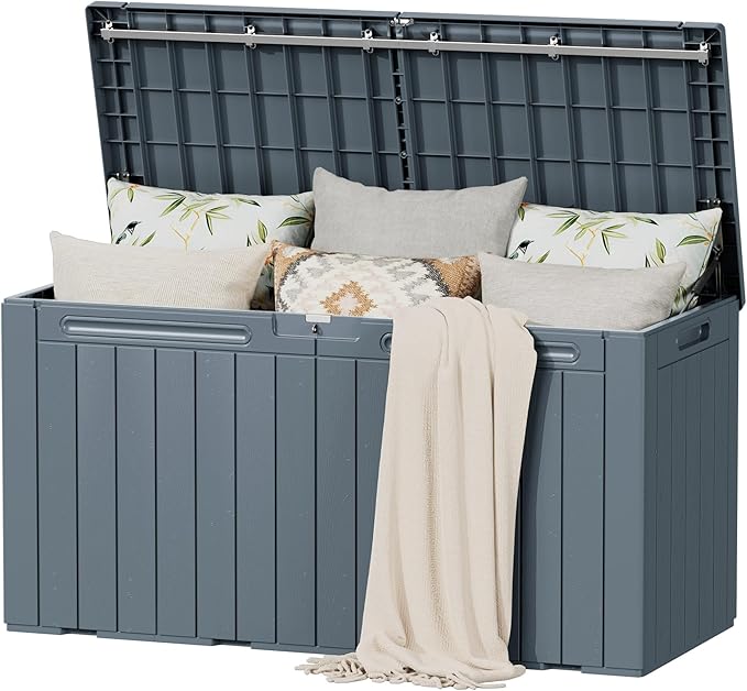 Flamaker Resin Deck Box 100 Gallon Large Lockable Outdoor Storage Box Waterproof Deck Chest for Patio Cushions, Garden Tools, Accessories (Gray)