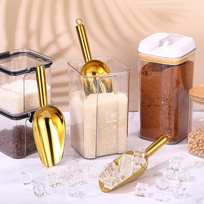 Zhehao 8 Pcs Metal Ice Scoop 6 oz Stainless Steel Ice Scooper for Ice Maker Kitchen Freezer Bar Wedding Party Small Scoops for Pet Animal Dog Food Candy Scoop Beach Shovel (Gold)