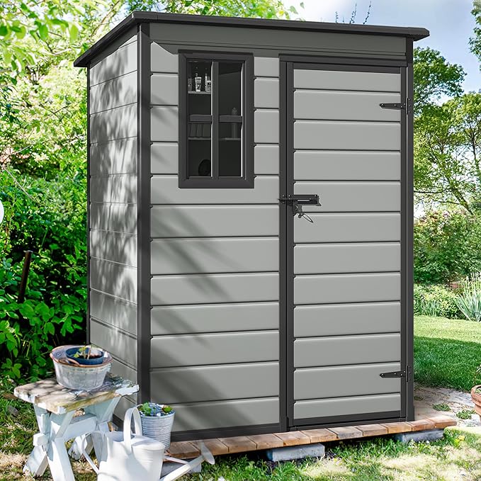 DWVO 5x3ft Resin Outdoor Storage Shed with Floor, Waterproof Lockable Storage Shed with Window, Plastic Outside Tool Storage for Garden, Backyard Patio