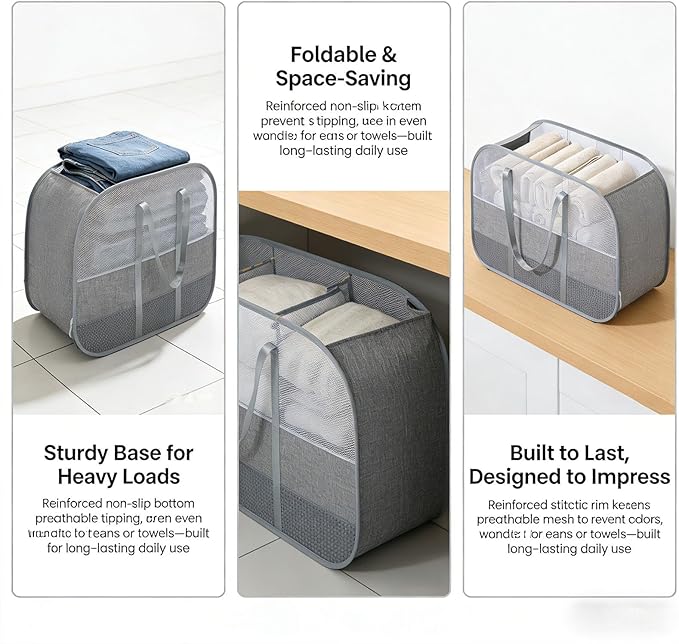 ６Pack collapsible laundry baskets with handles, Laundry Basket Collapsible,Pop Up Mesh Laundry Hamper with Compartments, Foldable Small Laundry Bin Bag (Gray)