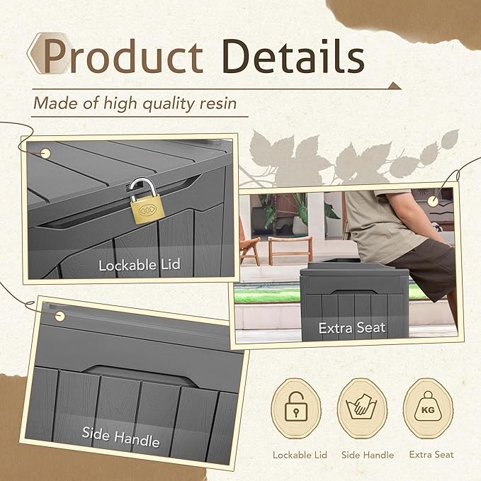 Flamaker Deck Box 31 Gallon Waterproof Resin Small Deck Box with Lid, Indoor Outdoor Package Delivery Box, Organization and Storage for Patio Furniture, Garden Tools, Outdoor Cushions (Grey)