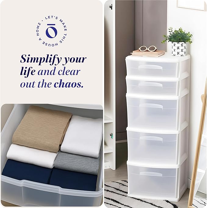 HOMZ 5-Drawer Storage Cart, Clear Plastic Drawers, 14.25" Wide Medium, White Frame - Organizing Drawer Containers for Home, Bathroom, Bedroom, Office, and Classroom