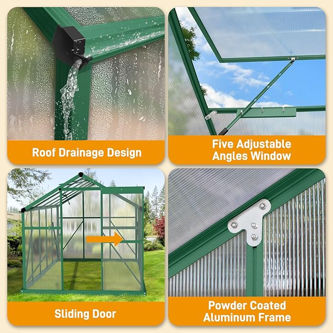 6x10 FT Greenhouse for Outdoors,Greenhouse with Roof Vent,Lockable Push Door,Aluminum Large Walk-in Green House for Outside Garden Backyard, Patio, Lawn (Green)