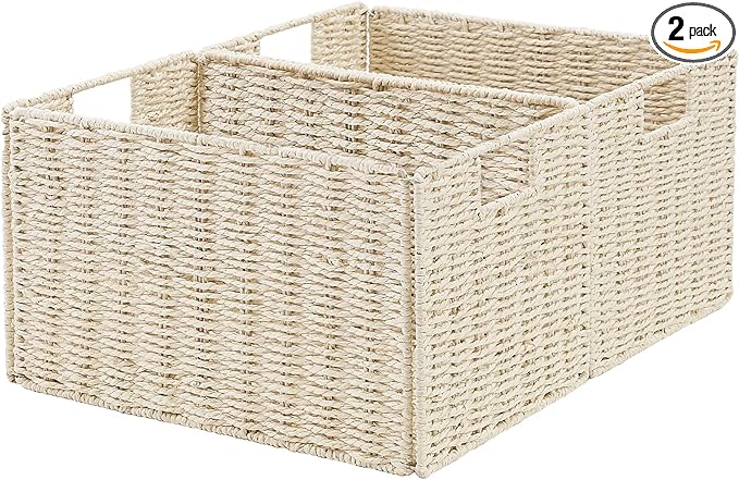 Vagusicc Wicker Storage Basket, Set of 2 Hand-Woven Paper Rope Wicker Basket, Small Storage Baskets for Organizing Toilet Paper Baskets, Foldable Large Cube Storage Organizer Bin for Shelves (Beige)
