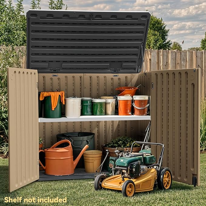 DWVO 35 Cu Ft Outdoor Horizontal Storage Shed w/o Shelf, 39 in Height Storage Sheds Lockable and Waterproof, Weather Resistant Resin Tool Shed for Storing Garden Tools, Brown