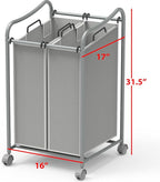Simple Houseware 2-Bag Heavy Duty Rolling Laundry Sorter Cart, Silver – 2 Section Removable Bags and Lockable Wheels for Laundry Room Organization