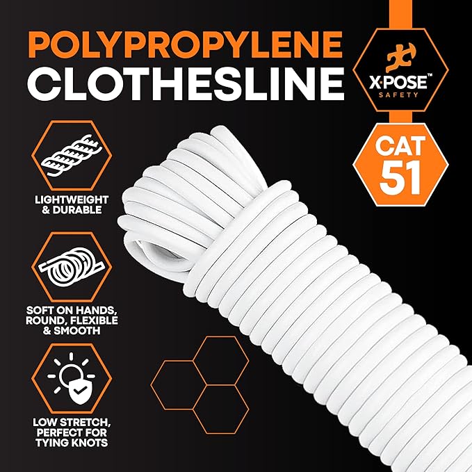 Plastic Clothesline - 50' Clothes Line - White Outdoor Weather Resistant - Synthetic Cord for Hanging and Drying Clothing & Laundry - Plastic Rope Clothes Line String for Pulley