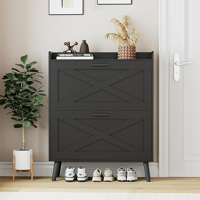32" W Farmhouse Shoe Storage Cabinet with 2 Flip Drawers and Barn Door Design, Adjustable Shelves, Modern Hidden Slim Narrow Shoe Rack Cabinet for Entryway, Foyer, Hallway, Living Room, Black