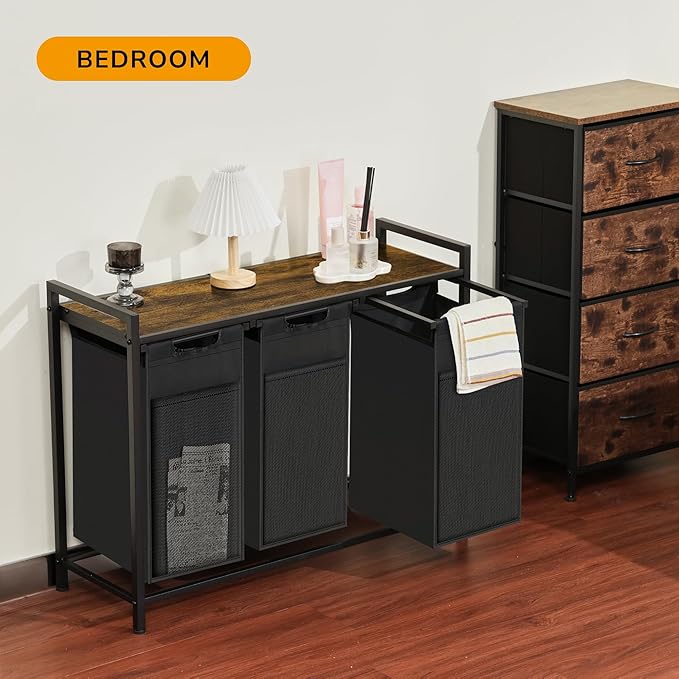 Laundry Hamper, Laundry Basket with 3 Pull-Out Removable Oxford Fabric Bags, 3 x 10.6 Gallons, Total 120L, Cloth Laundry Sorter with a Top Shelf 36.4"x13" (Black and Rust)
