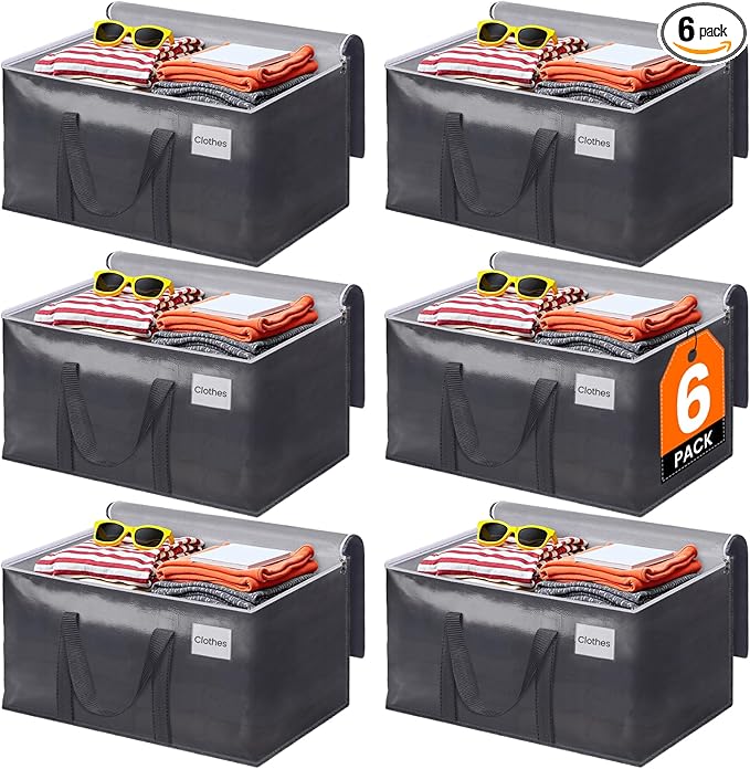 6 Pack Moving Bags Heavy Duty, Moving Boxes, Storage Bags with Zipper & Handles & Tag for College & Dorm Moving Supplies Grey Laundry Hamper Bag, Foldable Space-saving Totes (125L, Grey)