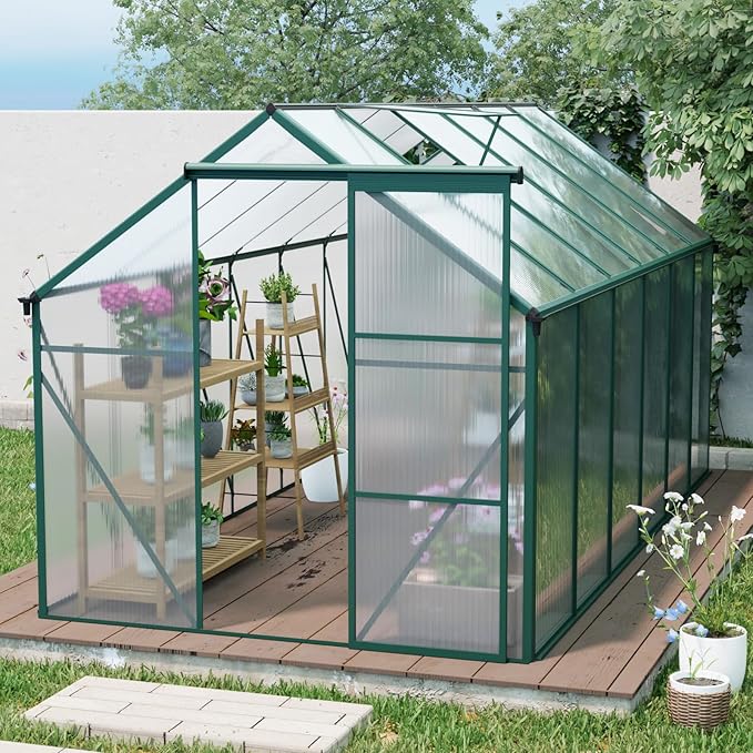 6X10FT Greenhouse for Outdoor, Polycarbonate Greenhouse with Raised Base and Anchor, Heavy-Duty Walk-in Green House with Adjustable Roof Vent and Gutter System for Patio,Backyard (Green, 6x12 FT)