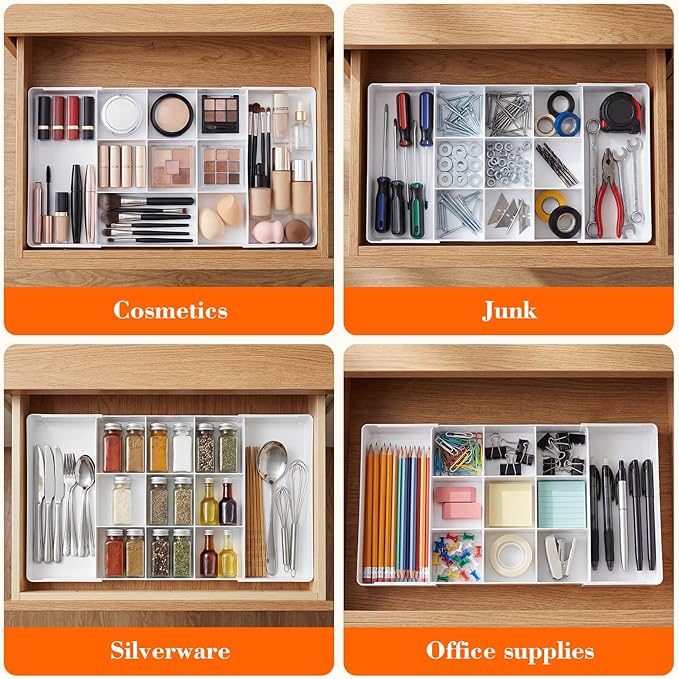 1 Pcs Large Expandable Acrylic Drawer Organizers, Grid Adjustable Drawer, Dividers Organizer for Desk, Makeup, Jewelry, Office, Kitchen Supplies (White,11 Compartments)